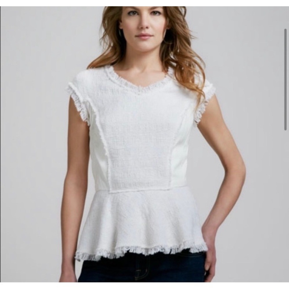 Rebecca Taylor Blouse 4 Tweed Leather‎ Peplum Coquette Old Money Luxury $350 - Picture 5 of 16